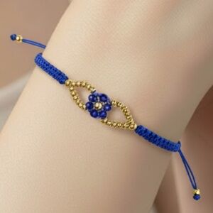 Handmade Blue Macrame Bracelet Gold Beads Flower Adjustable Boho Jewelry Gift